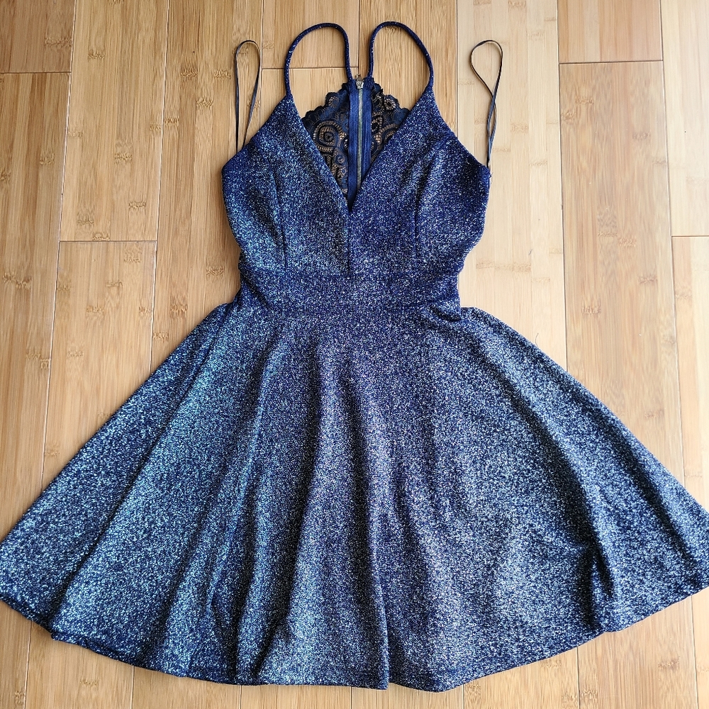 Windsor Navy Blue Glitter Fit & Flare Spaghetti Strap Dress